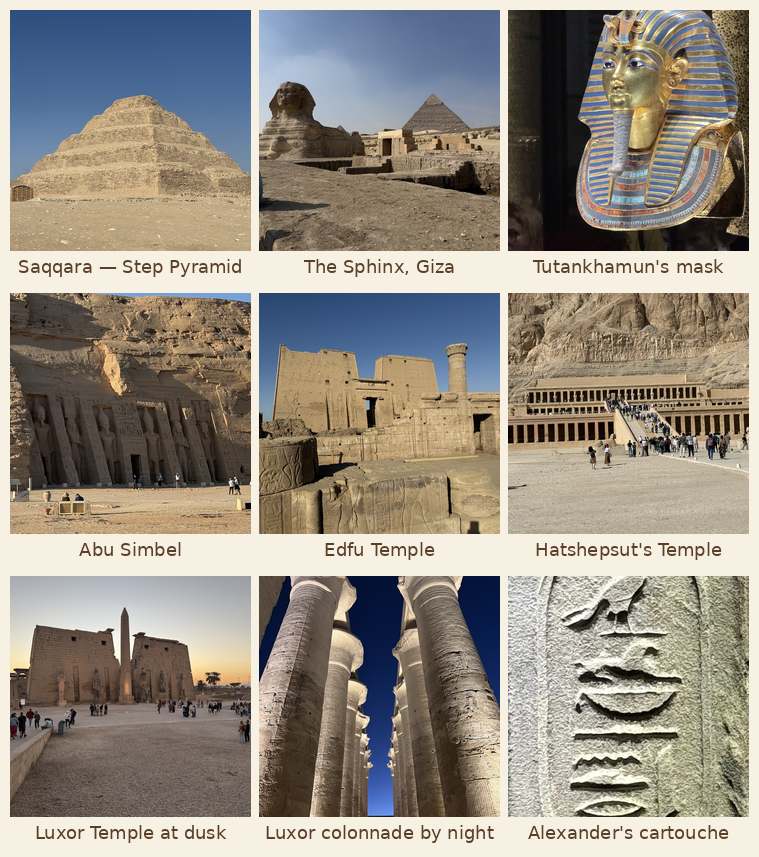 Flavio's Egypt photo album: Saqqara, Sphinx, Tutankhamun's mask, Abu Simbel, Edfu, Hatshepsut, Luxor at dusk, Luxor colonnade, Alexander's cartouche