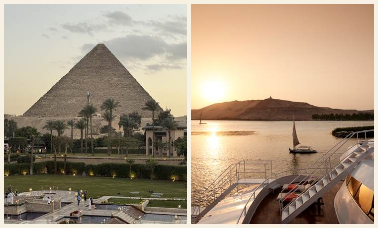 Marriott Mena House pyramid view and the Nile Adventurer at sunset