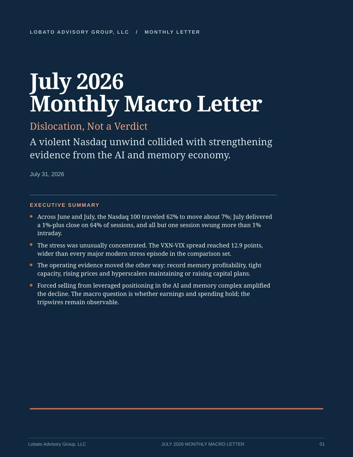 Cover of the July 2026 Monthly Macro Letter, Dislocation, Not a Verdict